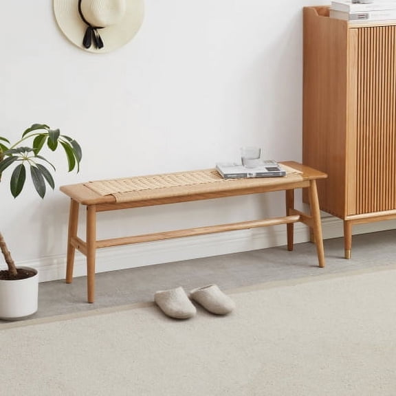 43" Solid Oak Woven Cnd of bed Bench, Window Bench Breathable Seat, Benchs MultiScene Use for dining room and entryway spaces, Oak