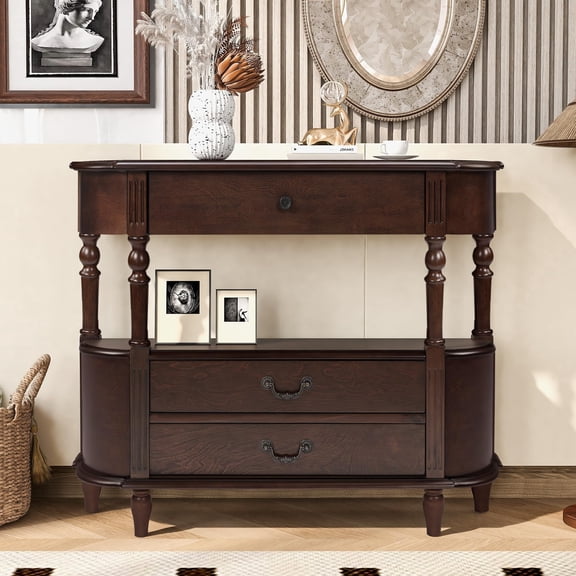 BFJDM Espresso Solid Wood Console Table with 3 Drawers & Open Shelf - Modern Half-Moon Entryway Hallway Table for Foyer, Living Room & Bedroom
