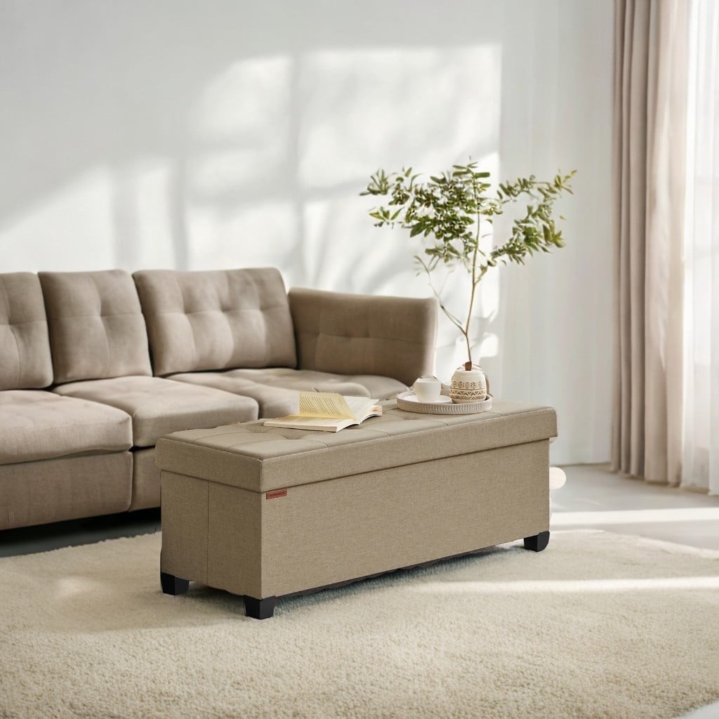 SONGMICS 43" Storage Ottoman Bench Foldable Ottoman with Storage Ottoman for Bedroom Living Room Camel Brown