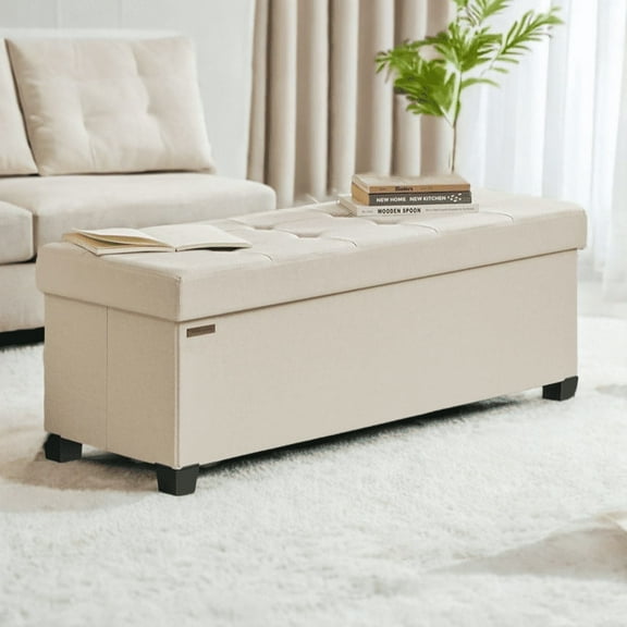 SONGMICS 43" Storage Ottoman Bench Foldable Ottoman with Storage Ottoman for Bedroom Living Room Cream White