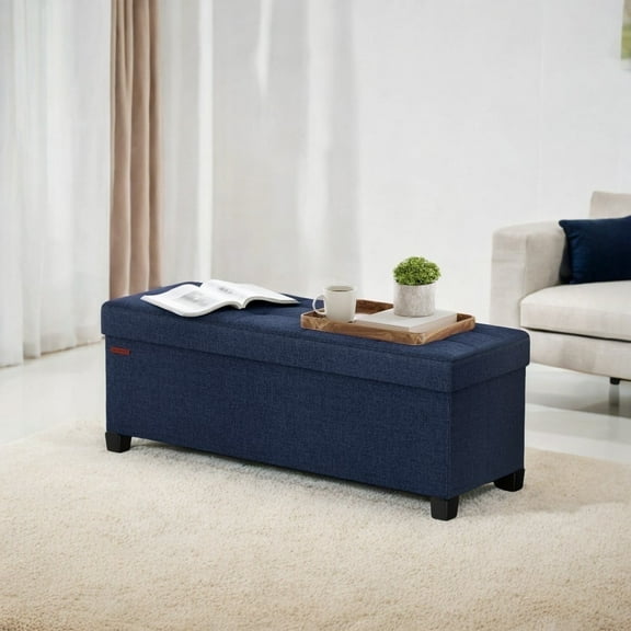 SONGMICS 43" Storage Ottoman Bench Foldable Ottoman with Storage Ottoman for Bedroom Living Room Midnight Blue