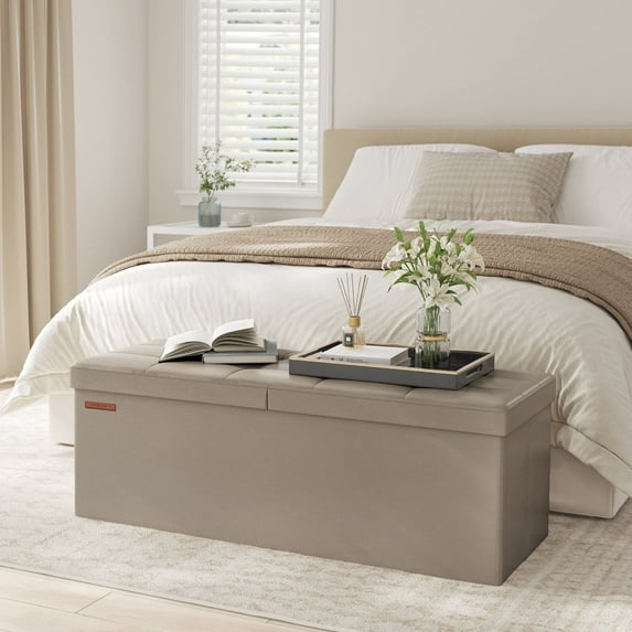 SONGMICS 43" Storage Ottoman Bench Folding Leather Ottoman Storage Footrest Hold up to 660lb Light Taupe