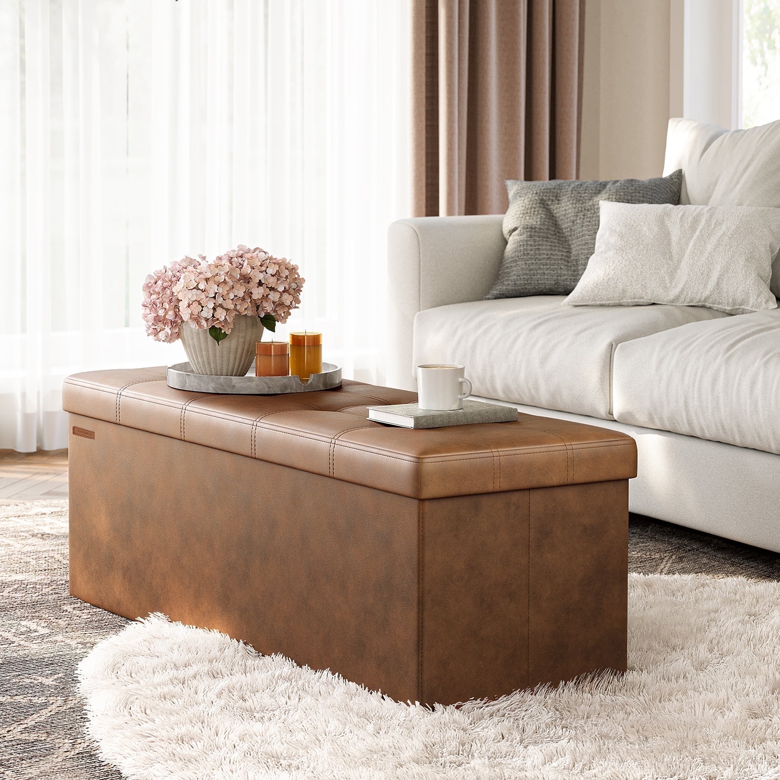 SONGMICS 43" Storage Ottoman Bench Folding Ottoman with Storage Hold up to 660lb for Living Room Bedroom Coffee Brown