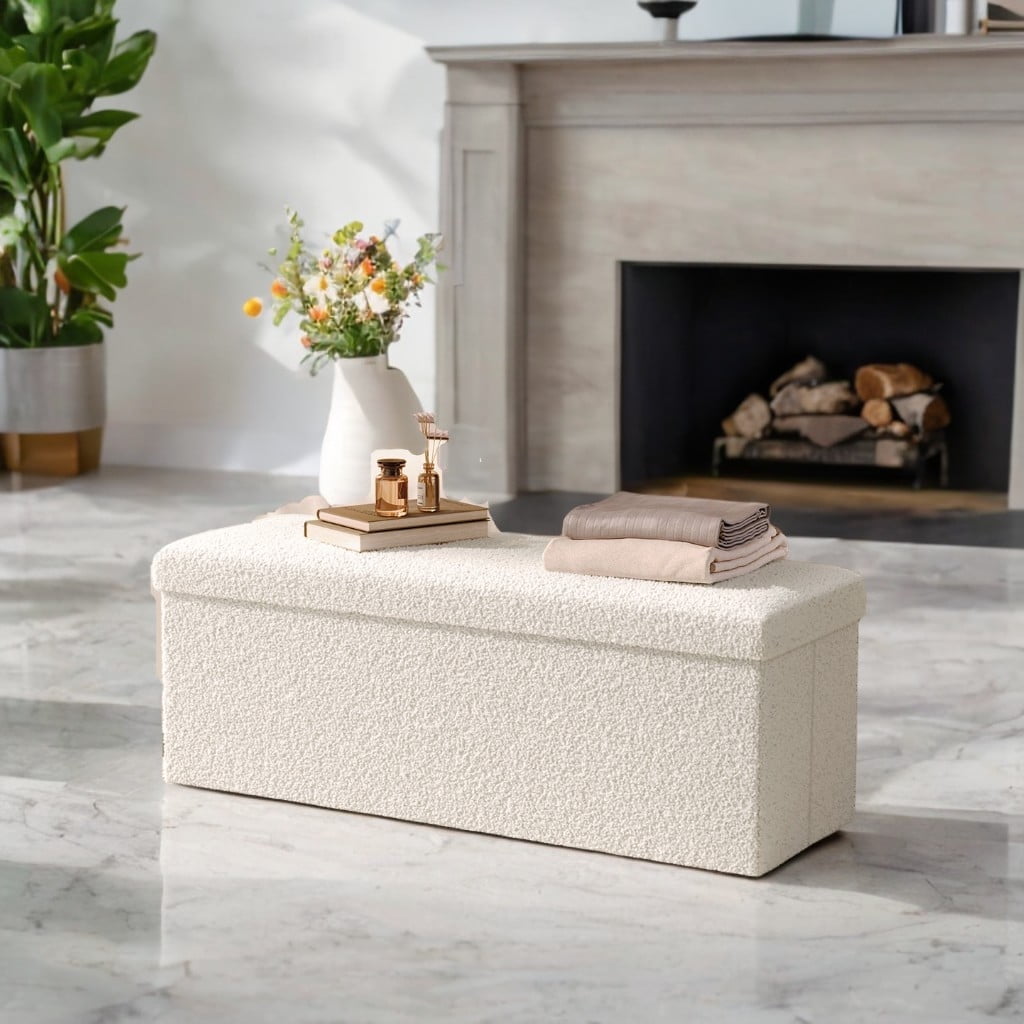 SONGMICS HOME 43" Storage Ottoman Bench Folding Ottoman with Storage Load up to 660 lb for Living Room Bedroom Cream White