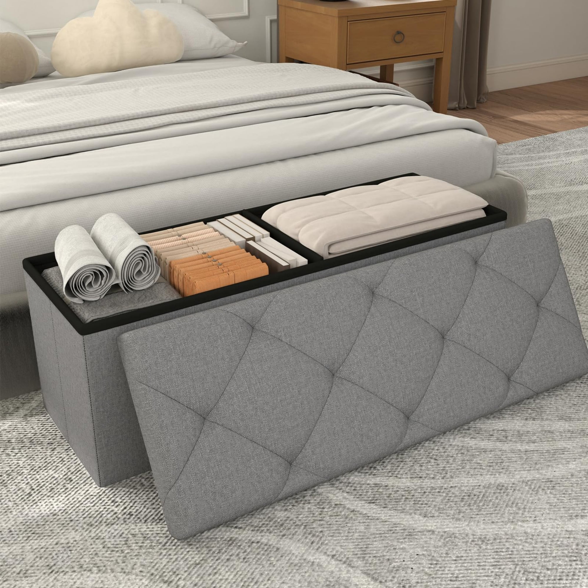43" Storage Ottoman Bench, Folding Storage Bench Ottoman with Lid, 400 lbs Capacity, Fabric Seat Footrest for Bedroom Living Room Entryway, Grey