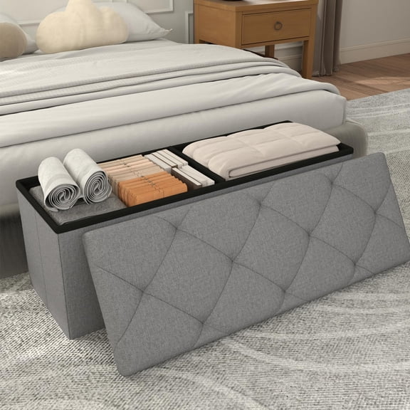 43" Storage Ottoman Bench, Folding Storage Bench Ottoman with Lid, 400 lbs Capacity, Fabric Seat Footrest for Bedroom Living Room Entryway, Grey