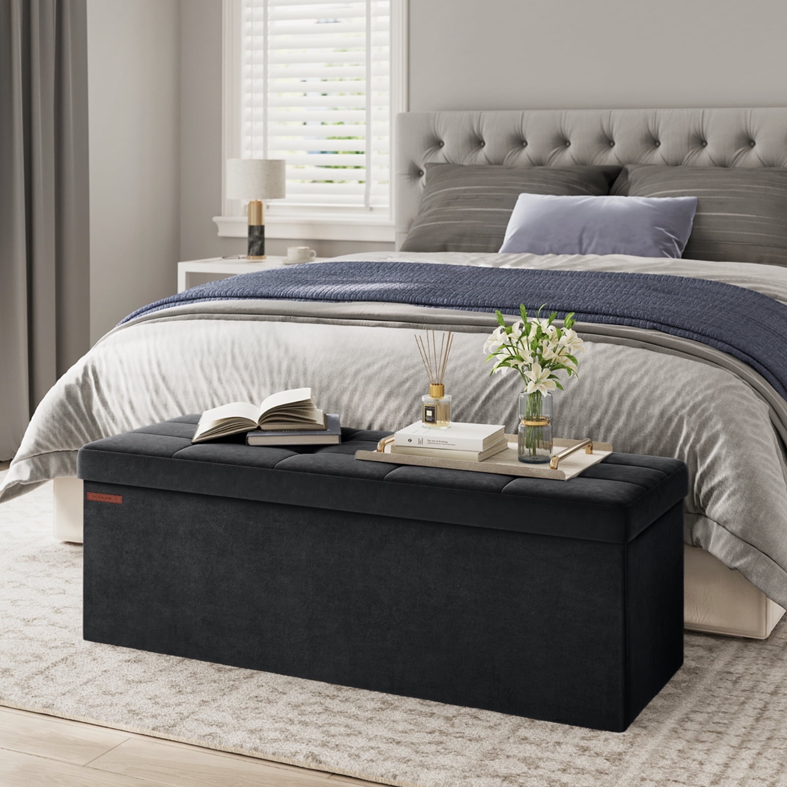 SONGMICS 43" Storage Ottoman Bench Folding Velvet Storage Footrest Stool 2 Extra Storage Boxes Removable Divider Hold up to 660 lb for Entryway Living Room Bedroom Ink Black