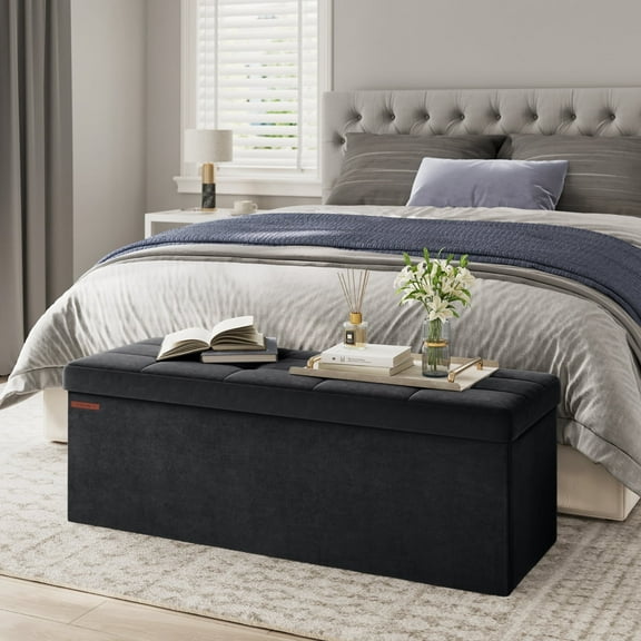 SONGMICS 43" Storage Ottoman Bench Folding Velvet Storage Footrest Stool 2 Extra Storage Boxes Removable Divider Hold up to 660 lb for Entryway Living Room Bedroom Ink Black