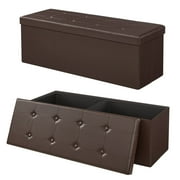 SONGMICS 43" Storage Ottoman Bench Folding Leather Ottoman with Storage Footrest Holds 660lb for Bedroom Brown