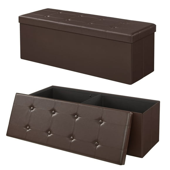 SONGMICS 43" Storage Ottoman Bench Folding Leather Ottoman with Storage Footrest Holds 660lb for Bedroom Brown
