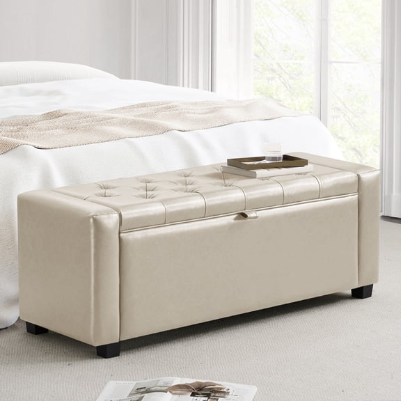 43" Storage Ottoman Bench,Upholstered Tufted Bench for Living Room Bedroom Entryway,Linen, Faux Leather Beige