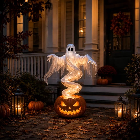 43'' Swirling Ghost Pumpkin Yard Lamp, Lighted Spooky Ghost Statue, Warm LED Outdoor Porch Pathway Decor, Fall Autumn Garden Lawn Holiday Ornament for Halloween Party Decorations (1pcs)