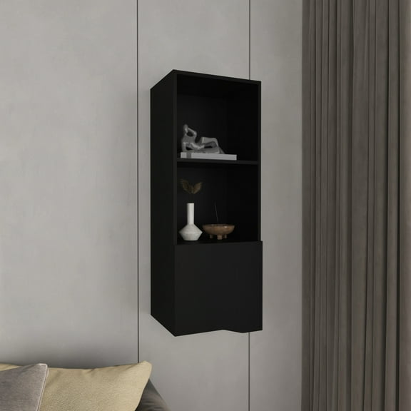 43" Tall Cabinet With One Door And Two Open Shelves, Black - Versatile For Bathroom, Kitchen, Garage Organization Shelves Space Saving Organizing