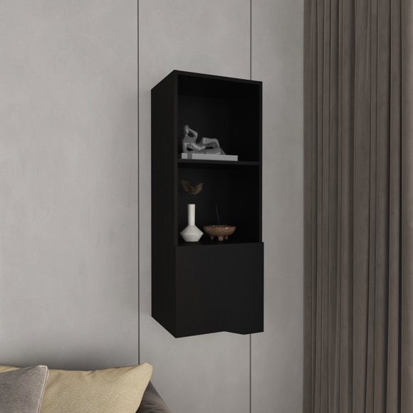 43" Tall Cabinet With One Door And Two Open Shelves, Black - Versatile For Bathroom, Kitchen, Garage Organization Shelves Space Saving Organizing