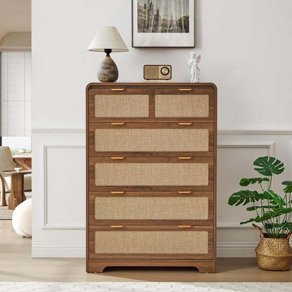 43" Tall Dresser with 5 Drawer for Bedroom, Mid-Century Chest of Drawers with Bumper Curved Corner for Closet, Farmhouse Wooden Linen Decor Drawer Organizer for Living Room, Hallway