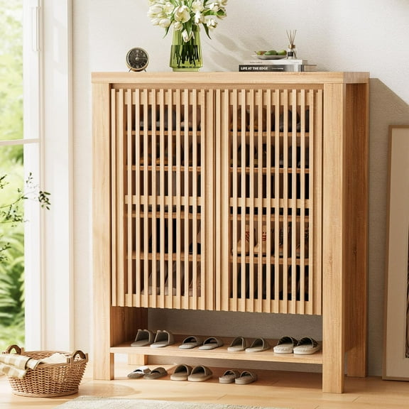 43" Tall Shoe Storage Cabinet with Doors, 8-Tier Modern MDF Entryway Organizer