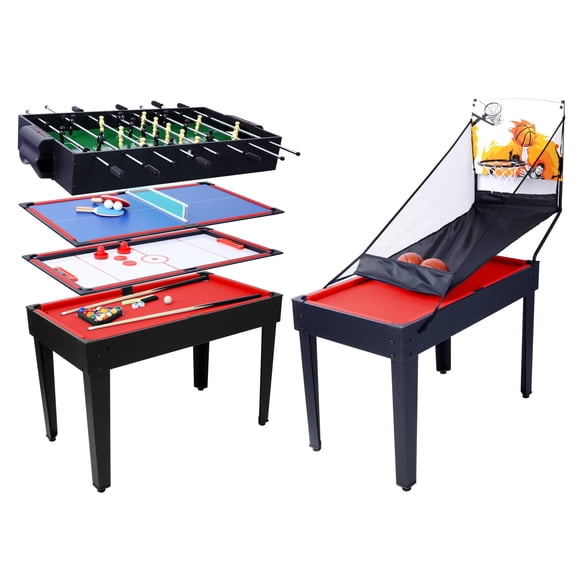 43“ Upgrade 5-in-1 Multi-Game Table - Billiards, Push Hockey, Foosball, Ping Pong, and Basketball black/red