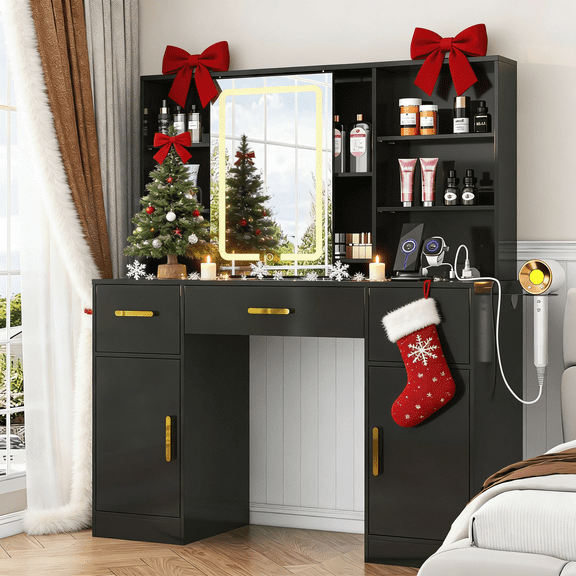 43" Vanity Desk with Sliding Lighted Mirror, Makeup Table with Charging Ports, Hair Dryer Holder, 3 Drawers & 7 Storage Shelves for Bedroom