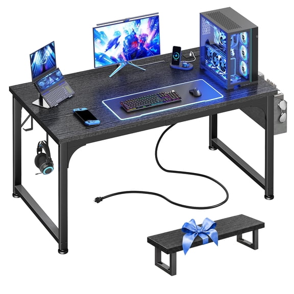melmine 43" W Gaming Desk with Thickened Desktop & Legs Computer Desk with Farbic Storage Bag, Hooks, Power Outlets & LED Lights, Black