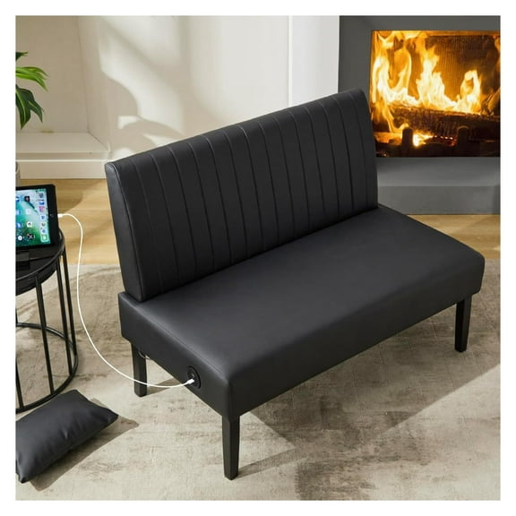 43" W Mini Small Black Leather Couch Armless Loveseat Sofa for Bedroom with USB Port, Small Couches for Small Spaces Living Room, Apartment Office Dorm (Black)