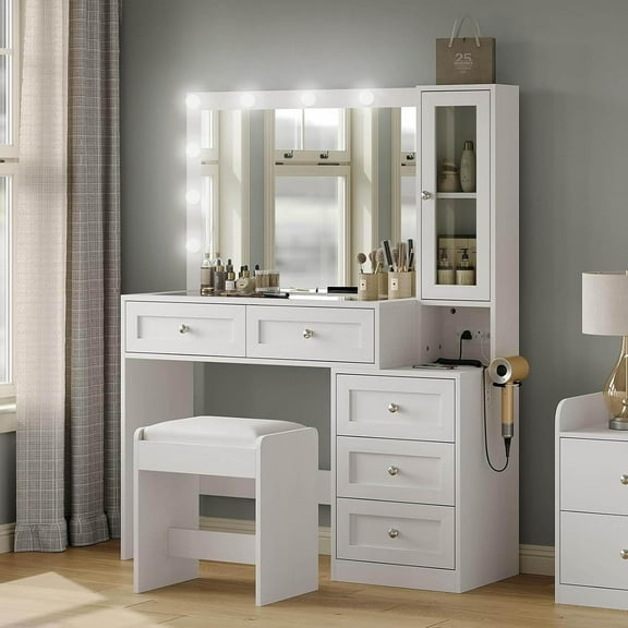 43" W Vanity Desk with Mirror & 11 Lights,Modern Makeup Desk with 5 Drawers & Cushioned Stool,3 Lighting Modes Brightness Adjustable,Power Outlet,Dressing Room Table, White.