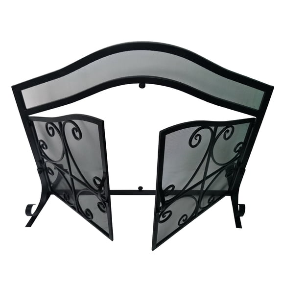 43"W x 33"H Black Fireplace Screen with 2 Doors, Arched Top Scrollwork Iron Mesh Fire Spark Guard for Indoor Fireplace