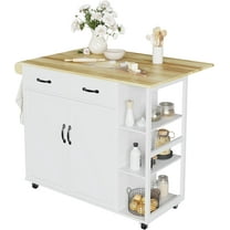43" White Kitchen Island with Drop Leaf - 2 Drawers & Adjustable Shelves - Mobile Breakfast Bar Cart with Locking Wheels & Rubberwood Top for Dining Room & Small Kitchens