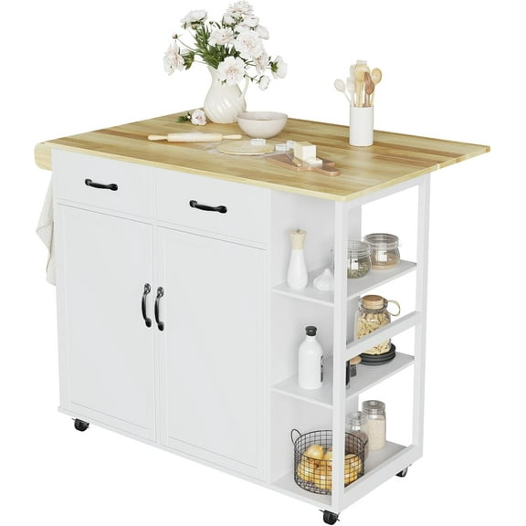 43" White Kitchen Island with Drop Leaf - 2 Drawers & Adjustable Shelves - Mobile Breakfast Bar Cart with Locking Wheels & Rubberwood Top for Dining Room & Small Kitchens