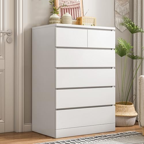 43" White Tall Dresser for Bedroom, Modern Tall Dressers & Chests of Drawers with 6 Drawers, Space-Saving Wood Closet Organizer and Storage Cabinet for Bedroom, Closet, Hallway, 260lbs Capacity