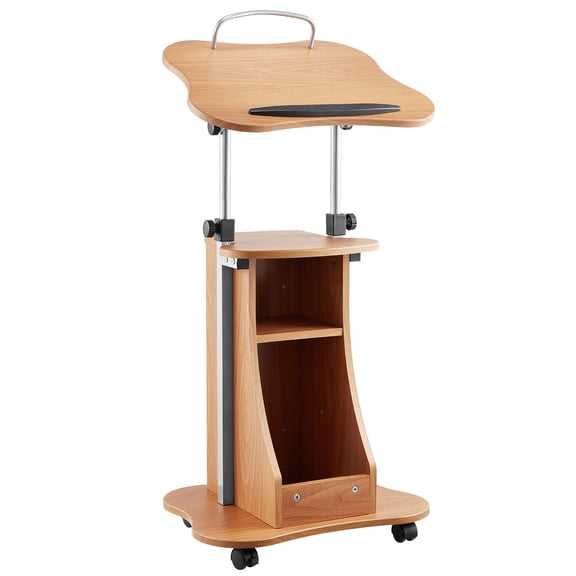 43" Wood Adjustable Lectern Podium with Lockable Wheels Wide Reading Surface and Open Storage for Presentation Speech
