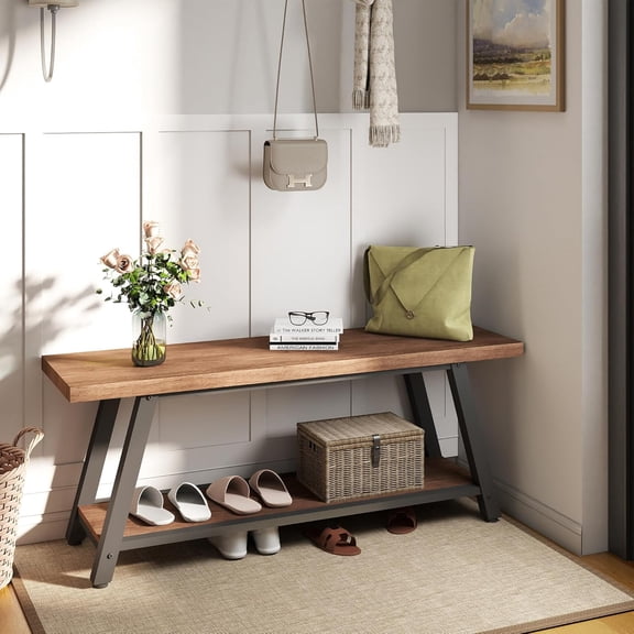 43" Wood Long Modern Farmhouse Entryway Bench, Wood Bedroom End of BedBench, Vintage Mid Century Rustic Style, Perfect for Mudroom, Storage, Living Room, Kitchen Walnut