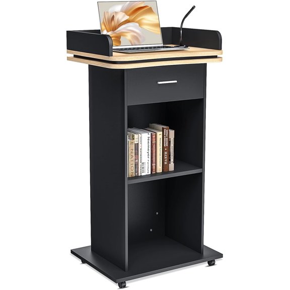 43" Wood Podium Stand with Wheels, Portable Lectern with 3 Levels of Storage, Floor Standing Customer Reception Podiums Mic Stand Desk for Churches, Office, Classroom, Conference, Auditorium