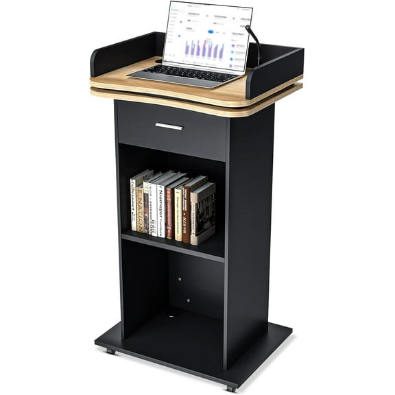 43" Wood Podium Stand with Wheels, Portable Lectern with 3 Levels of Storage, Floor Standing Customer Reception Podiums Mic Stand Desk for Churches, Office, School,Conference, Auditorium, Seminar