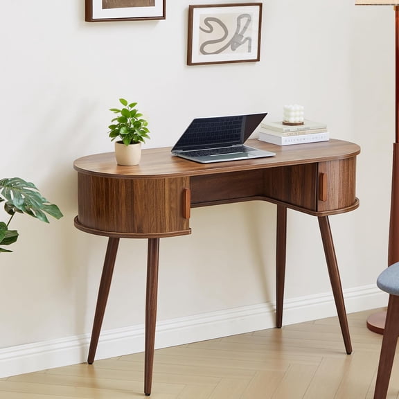 43" Wood Writing Desk with Sliding Door Hide Storage, MCM Home Ofiice Fluted Desk with Unique Design - Make You Leg Free, Small Table with Metal Leg for Study, Vanity, Light-Work (Walnut)