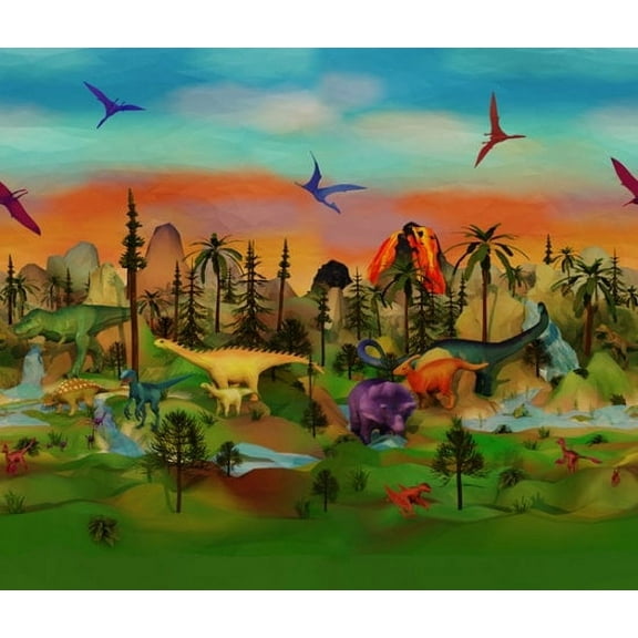 43" X 44" Panel Prehistoric Dinosaurs Dinos Volcanoes Cotton Fabric Panel (S4763)