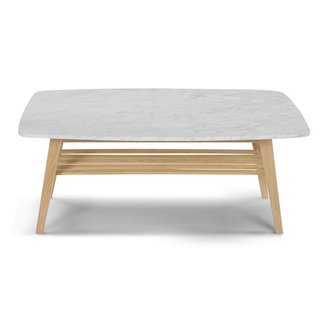 Laura 43" Rectangular White Marble Coffee Table with Oak Shelf