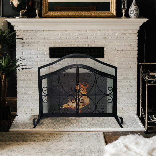 43 in. Mesh Design Scrollwork 2 Door Iron Fireplace Screen, Black
