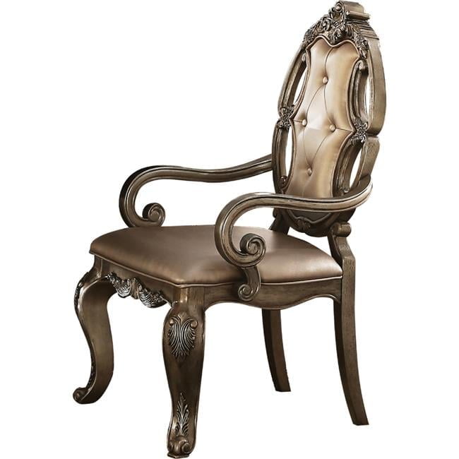 Elegant Brown Leather Button Tufted Arm Chair with Carved Wood Accents