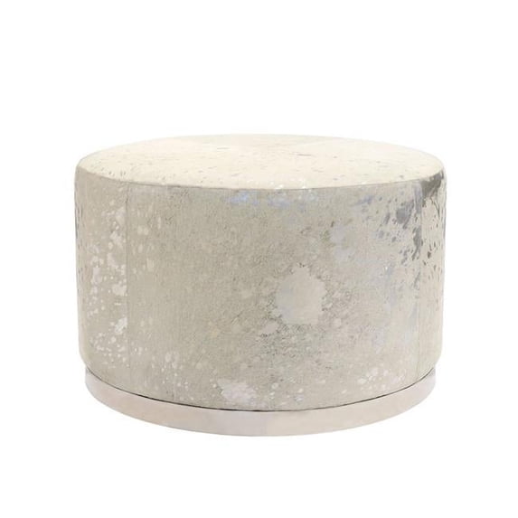 43 in. Safari Cowhide Round Ottoman with Steel Base, Silver