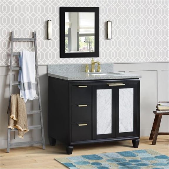 43 in. Single Rectangle Sink Vanity with Granite Top, Black & Gray - Right Door & Sink