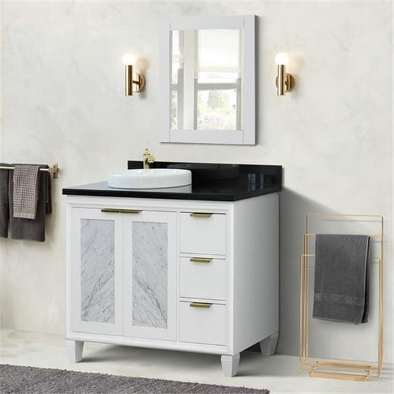 43 in. Single Round Sink Vanity with Galaxy Granite Top, White & Black - Left Door & Sink