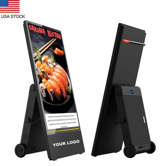 43 inch 2K Rechargeable Portable Outdoor Digital Signage Displays, IP65 Waterproof, Smart LCD Split Screen, 2000nits Brightness Auto-Adjustment Movable Advertising Kiosk with Android OS