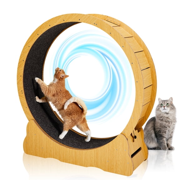 43-inch Cat Exercise Wheel, Silent Running Wheel with Safety Lock for Indoor Cats, Natural Wood Pet Treadmill