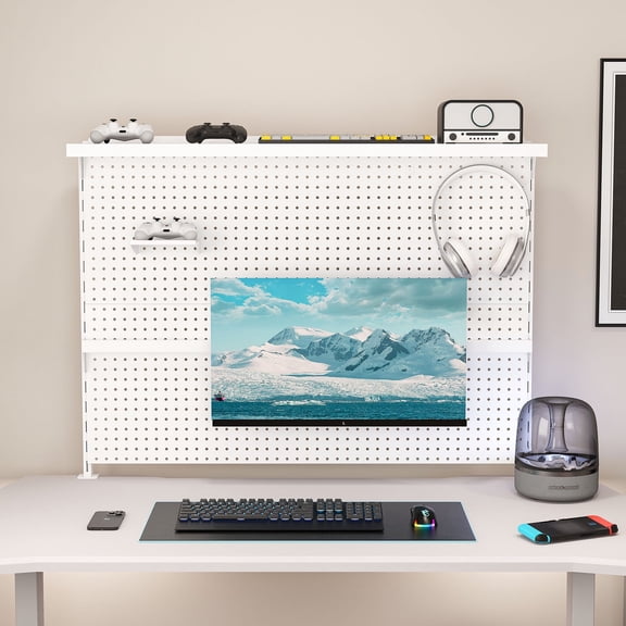 43 inch Clamp-On Metal Pegboard with Single Monitor Stand, Steel Desk Wall Organizer with Hooks & Panel for Gaming & Office, White