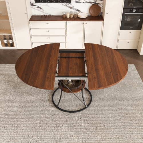 43 inch Expandable Round Dining Table Farmhouse Kitchen Table with Storage Shelf & Metal Base, Brown & Black Extendable Wood Table from 43 to 59 inch