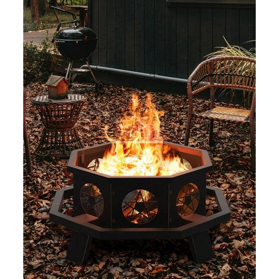43 inch Fire Pit, Outdoor Fire Pits with Cooking Grill, Wood Burning Fire Pits for Outside, Octagonal Heavy Duty Large Firepit with Poker for Bonfire, Backyard, Camping, BronzeFire Pit