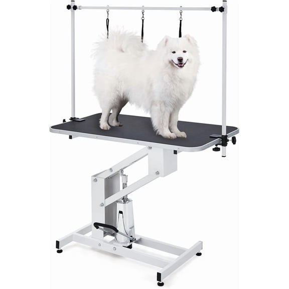 43 inch Hydraulic Dog Grooming Table - Heavy Duty Height Adjustable Grooming Station for Large Dogs, Foldable Arm, Anti-Slip Top