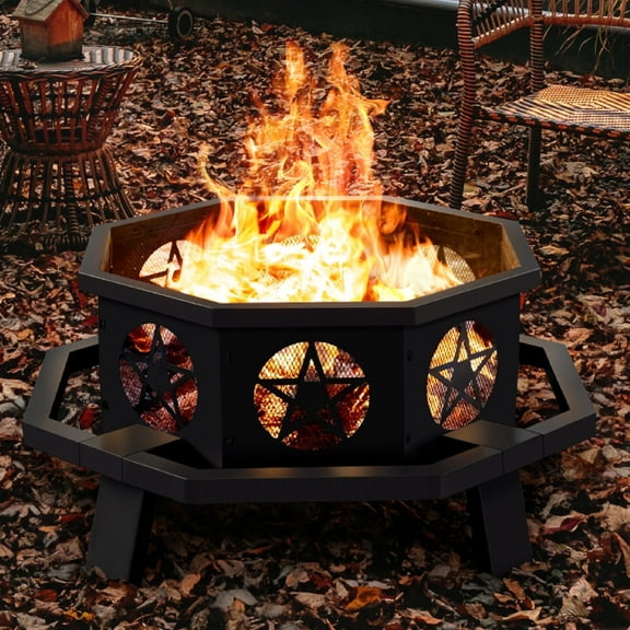 TVOFEK 43 inch Octagon Fire Pit with Grill and Poker, Large Wood Burning Firepits, Outdoor Fire Barrell for Bonfire, Backyard, Patio, Picnic, Camping, Black