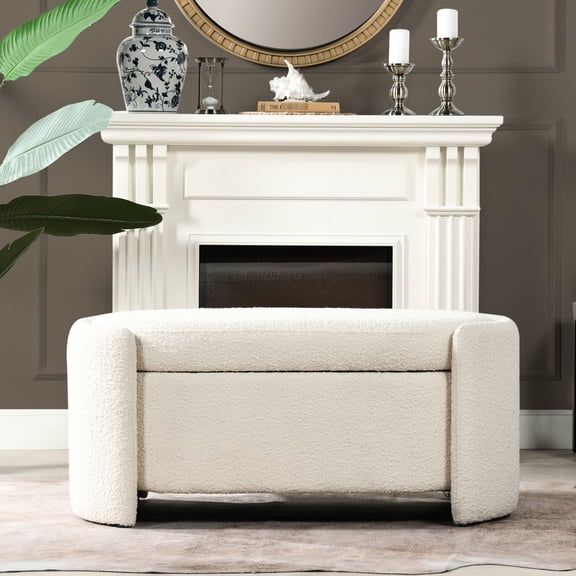 Medium Firm Foam Cushion Bench - Ivory White Boucle Upholstery for Living Room