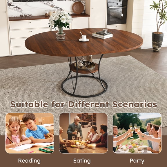 43 inch Round Dining Table for 4-6, Expandable Farmhouse Kitchen Table with Storage Shelf & Metal Base, Brown & Black Extendable Wood Table from 43 to 59 inch, Large Round Table for Home (No Chairs)